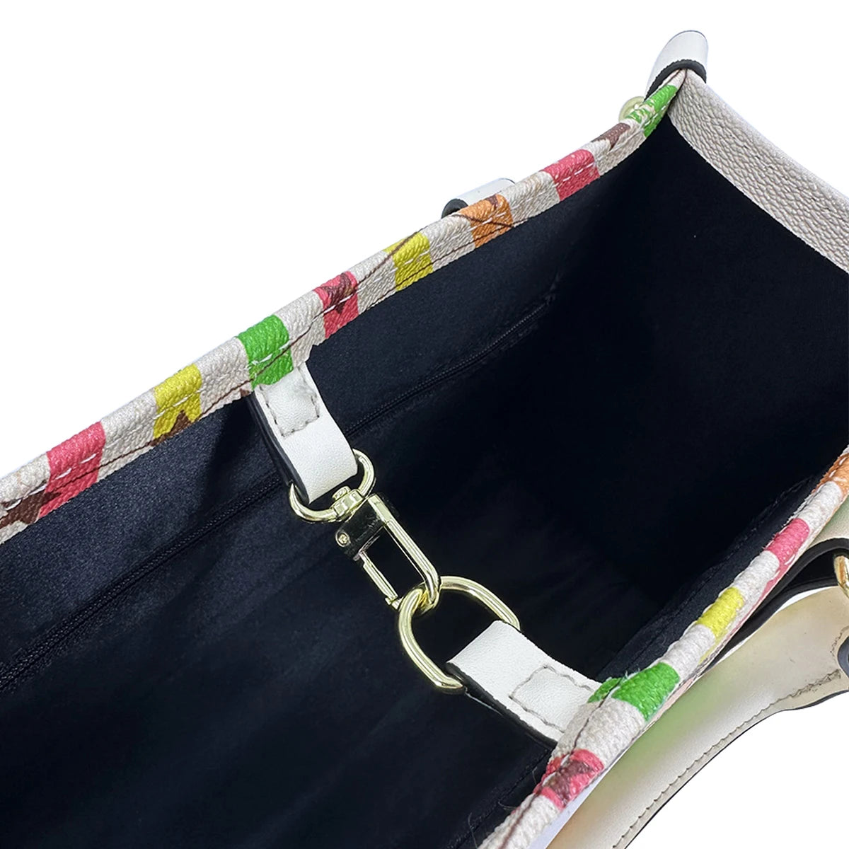 Vintage-style PU leather trunk bag interior with black lining, white leather trim, and gold metallic buckle closure.