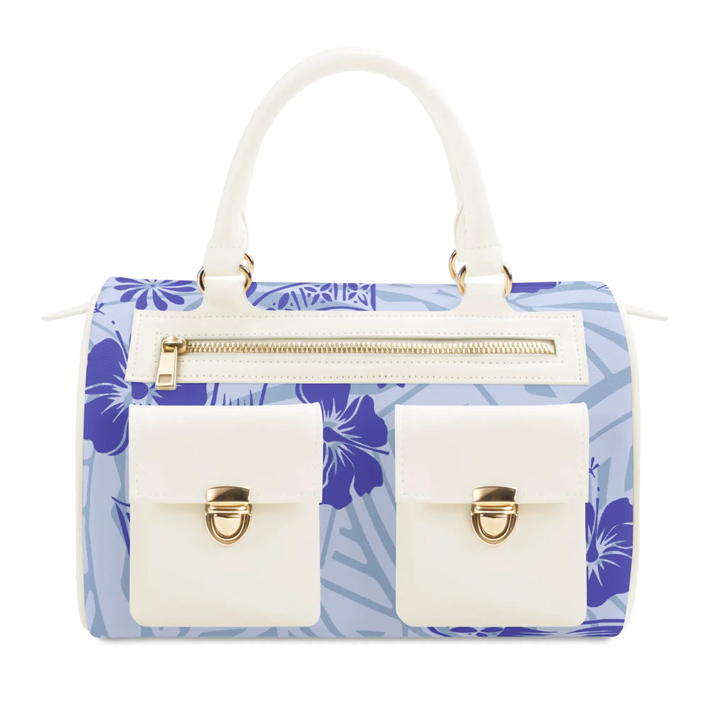 Luxury PU leather designer handbag with blue floral print, white pockets, zipper, and gold hardware.