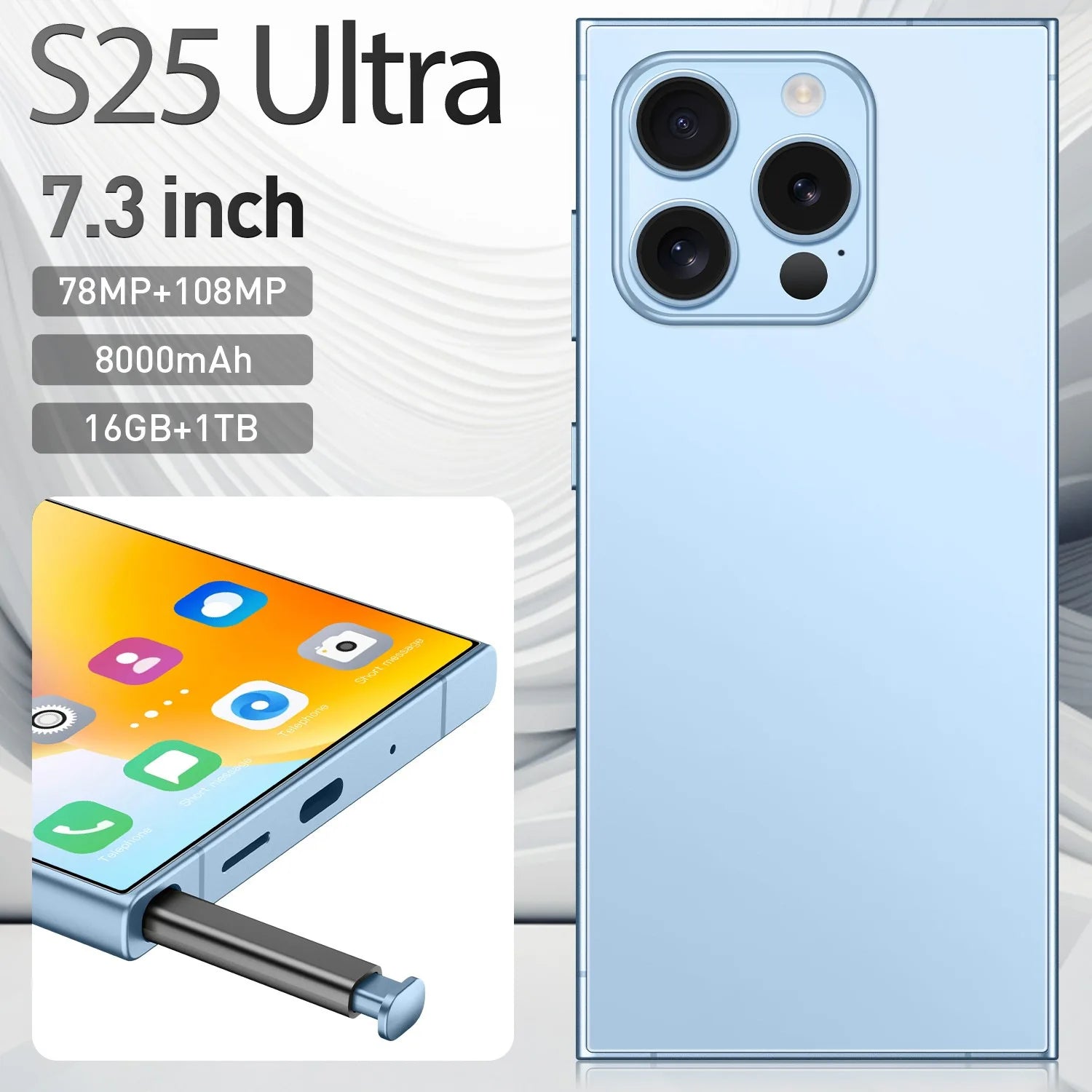Tidesmit S25Ultra 7.3-inch smartphone with built-in stylus, octa-core processor, and 20MP camera.
