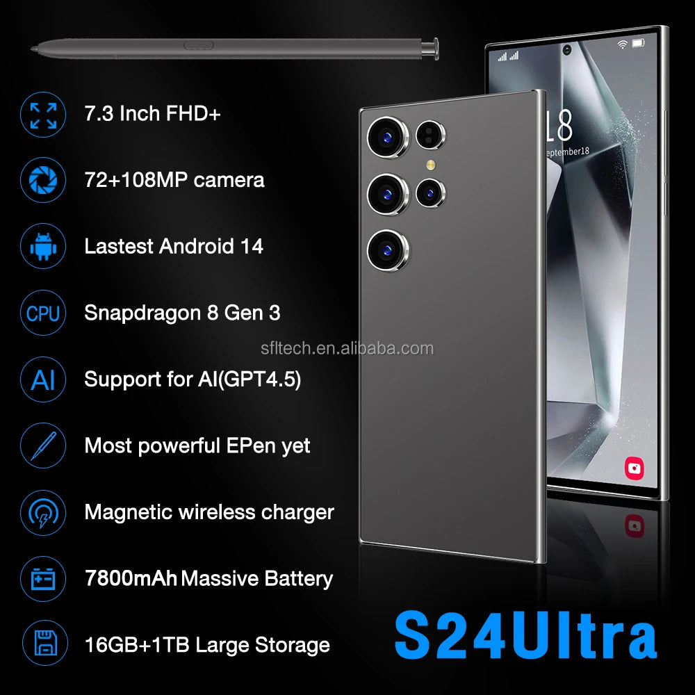 Hot Sale S24 Ultra 5g Smartphone Fingerprint Hand Phone Quick Charge Smart Phone Dual SIM Card Cheapest Smartphone Tidesmit