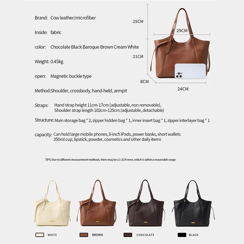 Luxury retro cow leather designer handbag in white, brown, chocolate, and black with adjustable straps and dimensions.