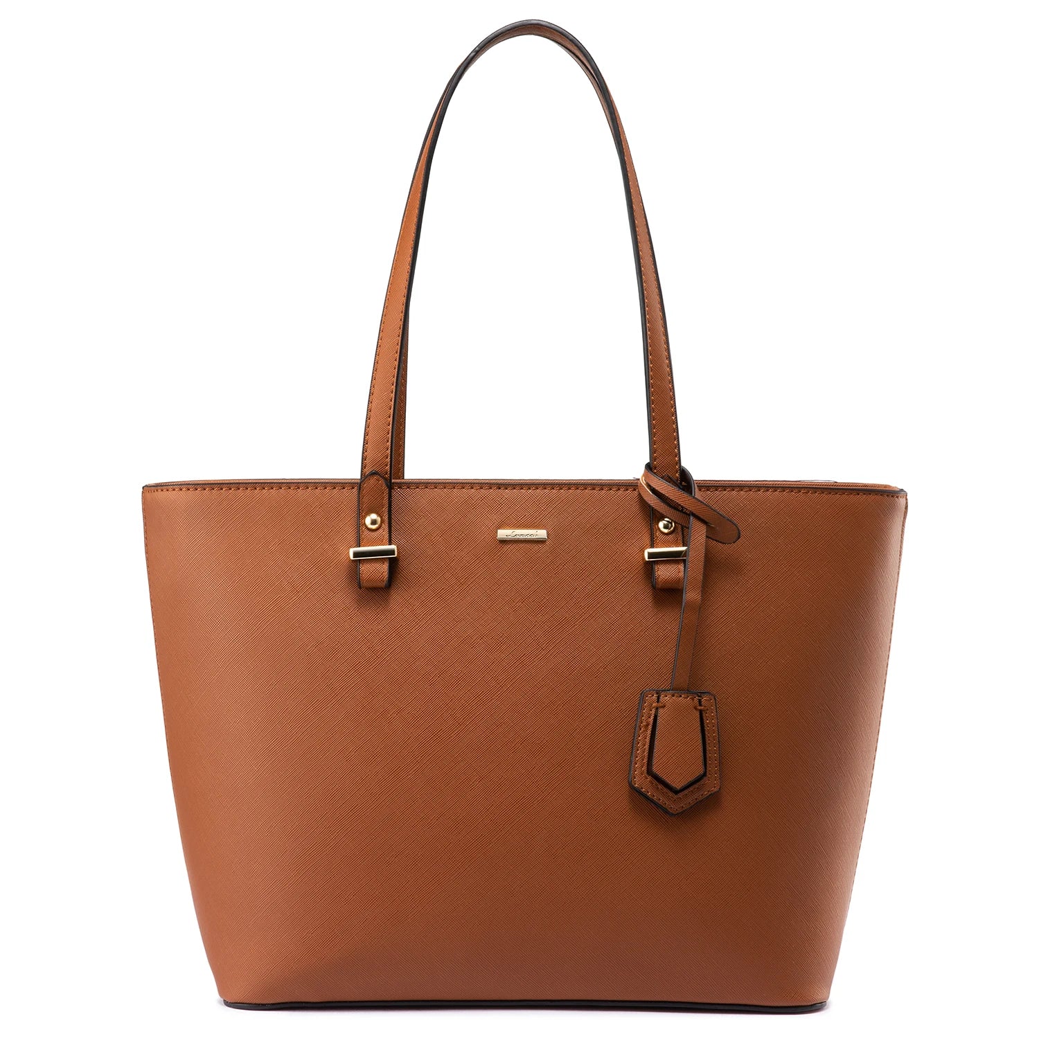 LOVEVOOK tan PU leather designer handbag with gold hardware, elegant shoulder tote style and hanging charm.