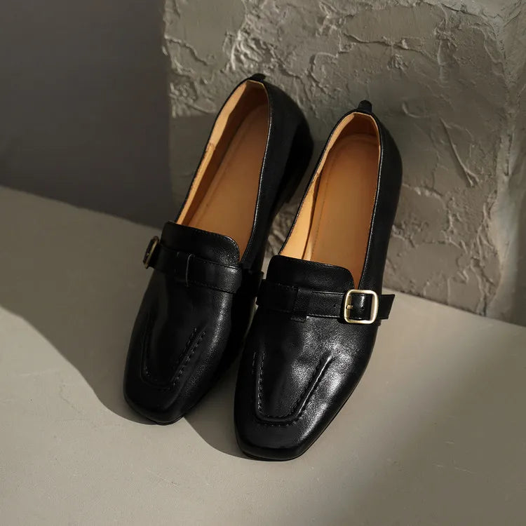 Genuine Leather Women's Loafers Square Toe Slip-On Low Heel Dress Shoes Anti-Slip All Seasons
