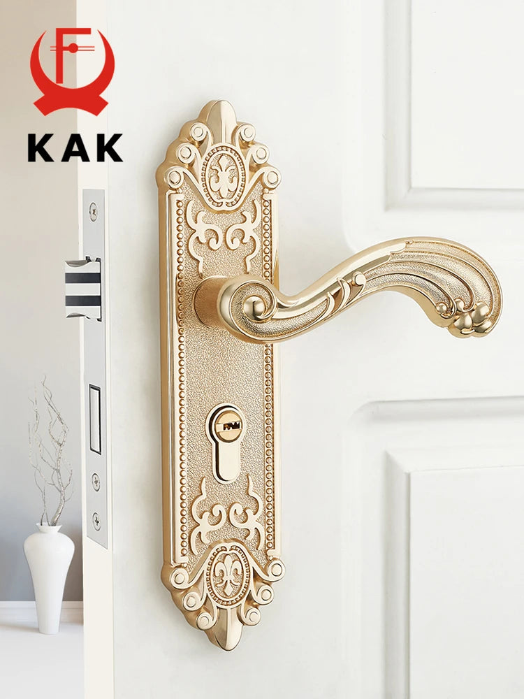 KAK European Style Gold Door Locks with Keys Door Handle Ivory White Security Entrance Door Lock Mute Anti-theft Door Hardware