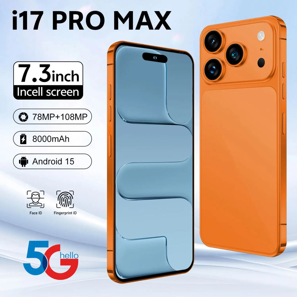Side view of 2026 Model 17 Pro Max 5G smartphone showing sleek design and large 6.9 inch display screen