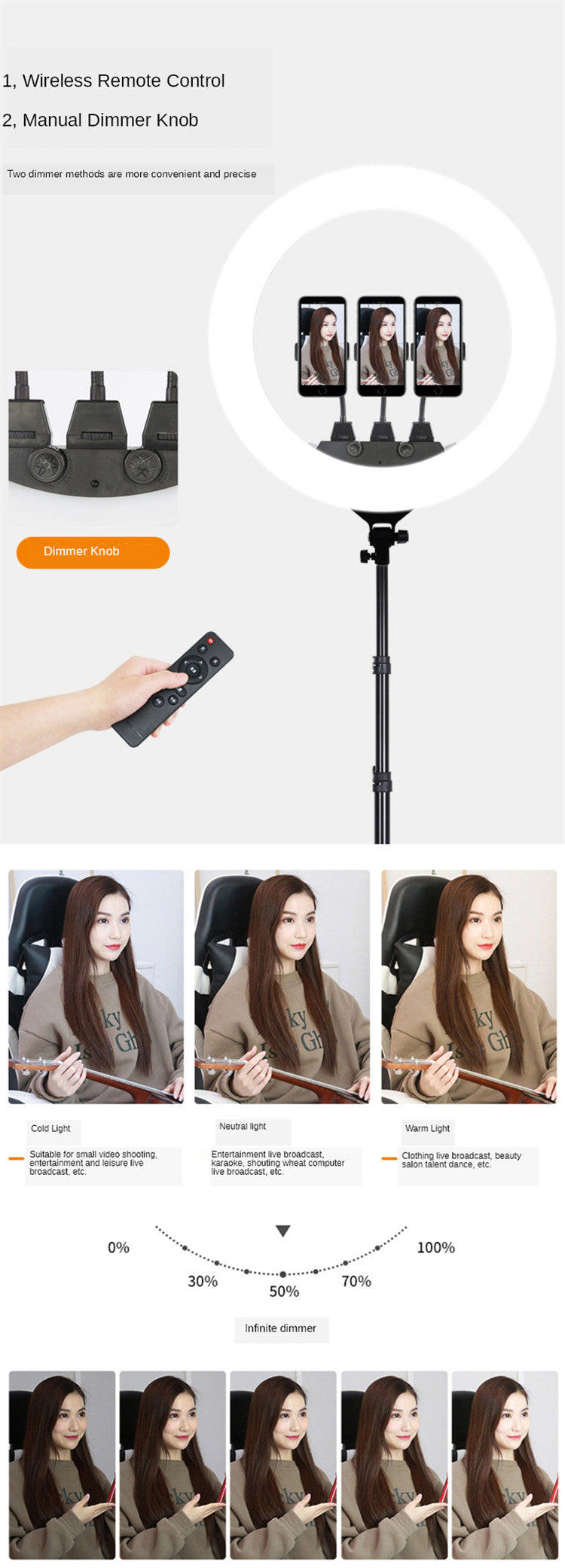 Circular LED ring light with a tripod stand, three phone holders, manual dimming knobs, and a remote for content