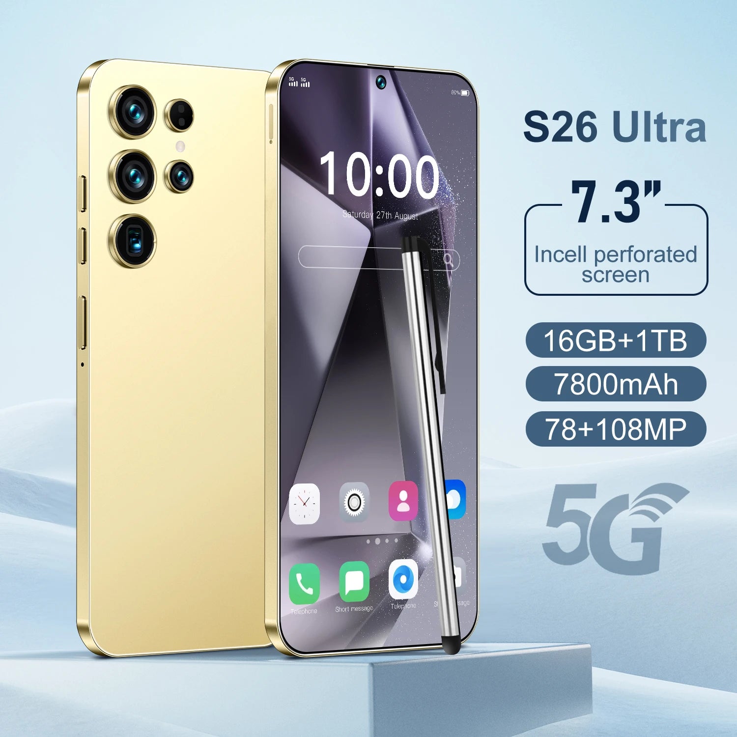 Unlocked S26 ULTRA 5G Mobile Phone 7.3 Inch Screen 108MP Camera 7800mAh Battery Dual Sim 1TB ROM Smart Features Gold 16g 1TB Tidesmit
