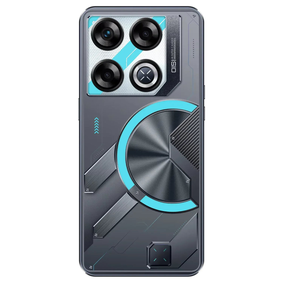 Blue smartphone back with teal accents, triple rear cameras, and circular module