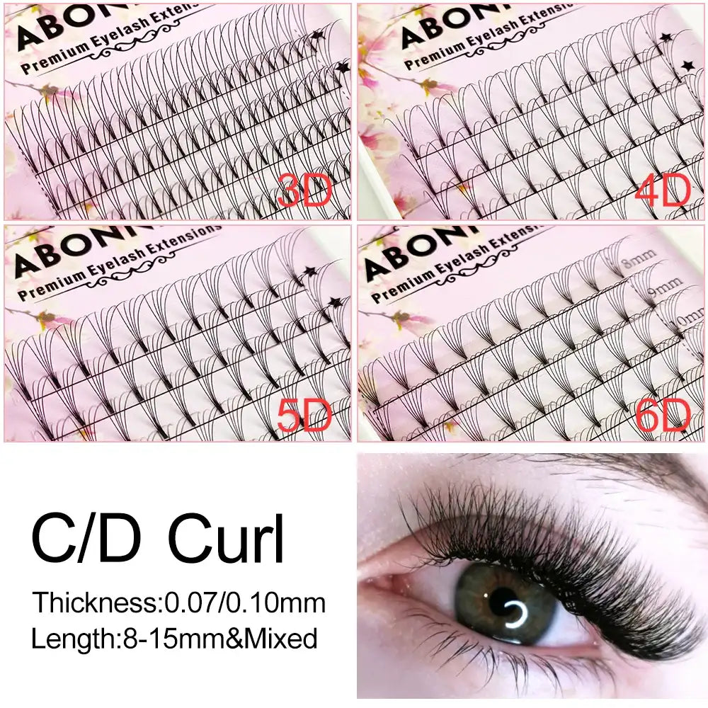 ABONNIE premade volume eyelash extension trays in 3D-6D styles with short stems, shown on an eye model.