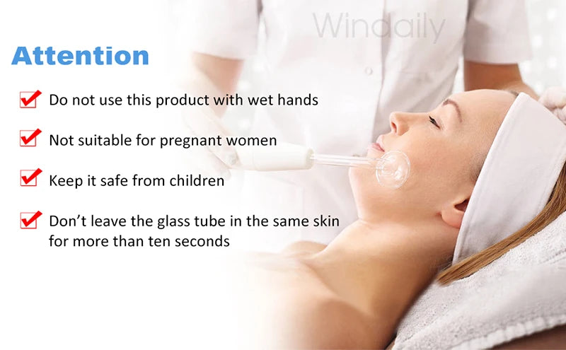 A high-frequency facial wand with a clear glass electrode being used on a woman's face, with safety warning text.