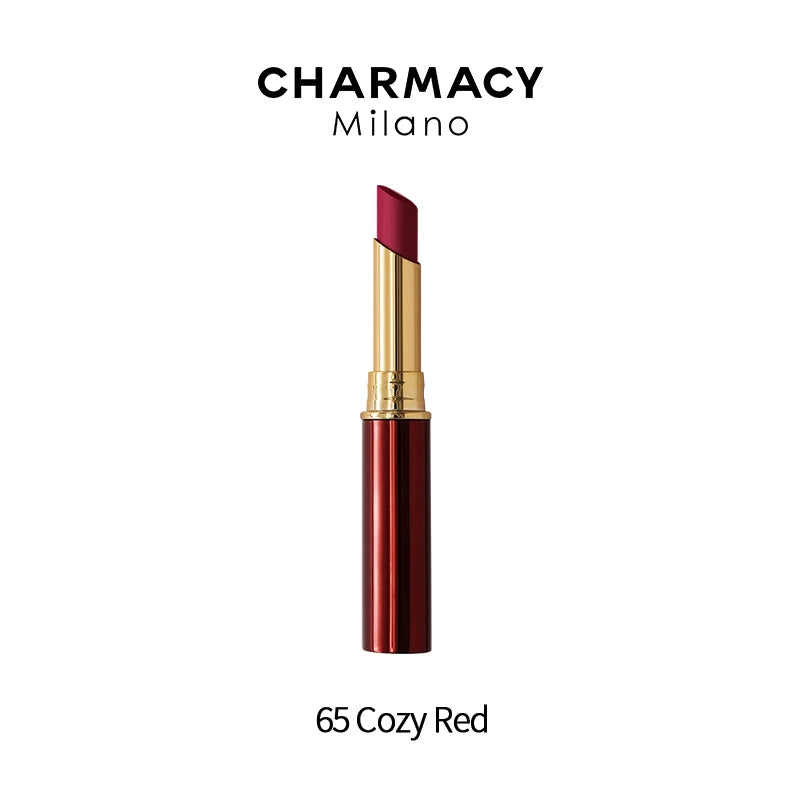 Charmacy 65 Cozy Red velvet matte lipstick in gold and red tube. Long-lasting, waterproof, highly pigmented lip makeup.