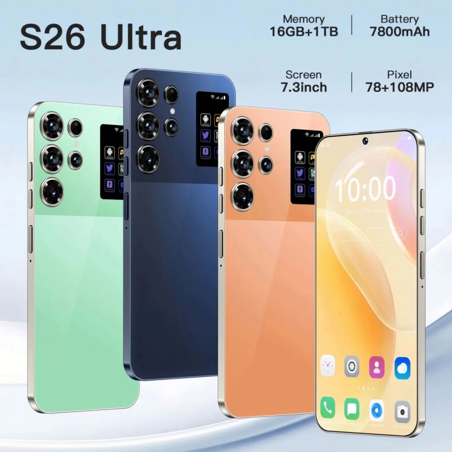 Tidesmit S26 Ultra 5G smartphone with 7.3 inch HD screen, 12GB RAM, 512GB ROM, and integrated stylus in global version