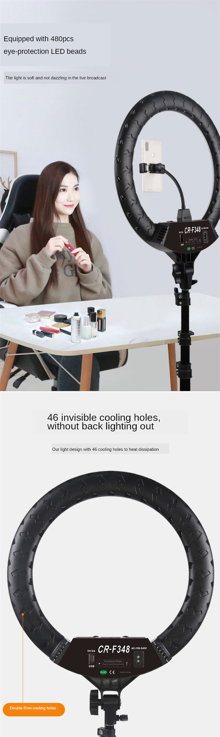 Black circular LED ring light on an adjustable stand with a phone mount for photography and live streaming.