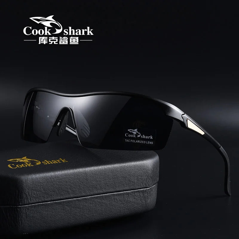 Black wraparound polarized sports sunglasses with a matching textured storage case.