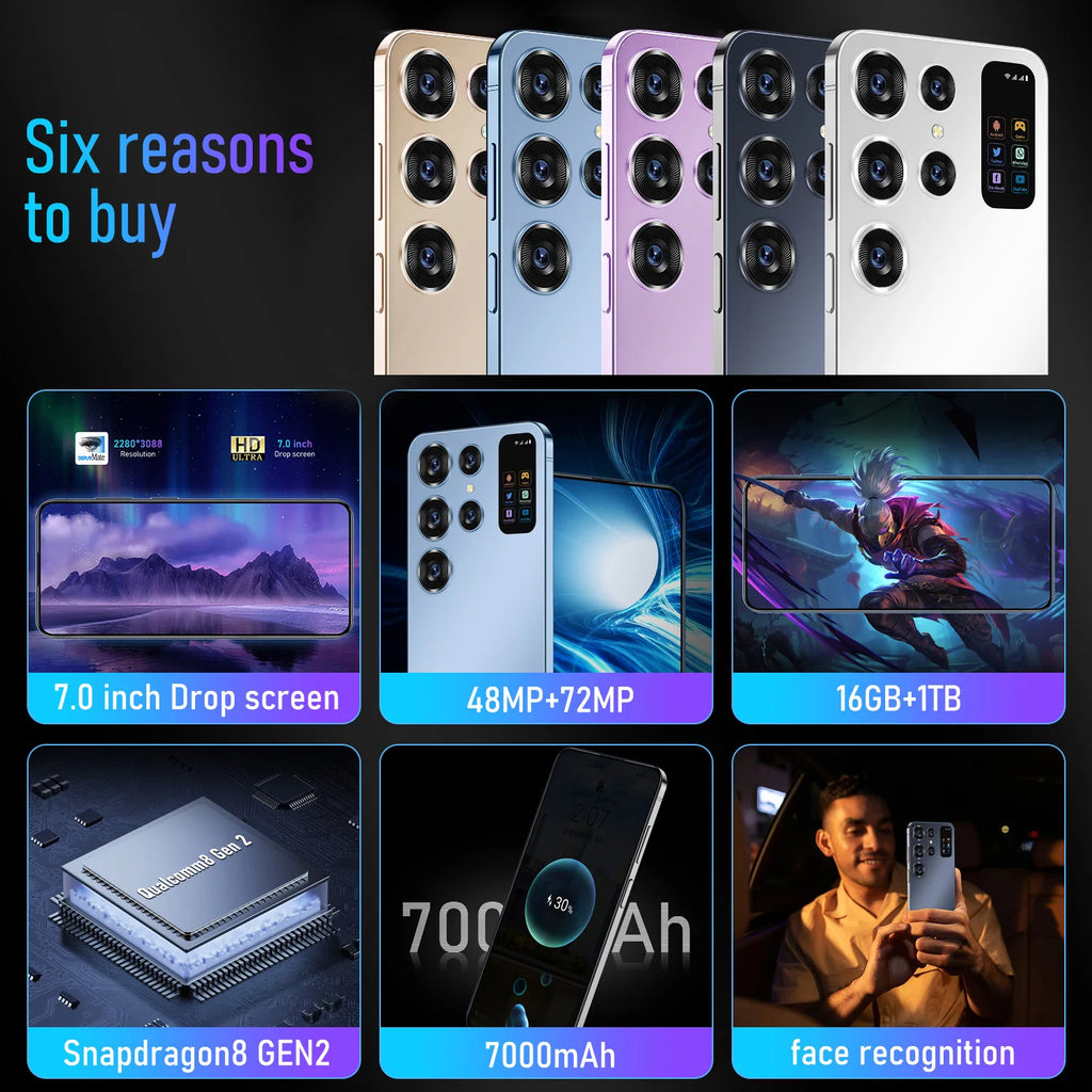 2025 New Arrival S24 Ultra Smart Phone 7 Inch Mobile Phones 16+1TB Unlock S-Pen 5G WIFI Gaming Android HD LCD 65W Tidesmit