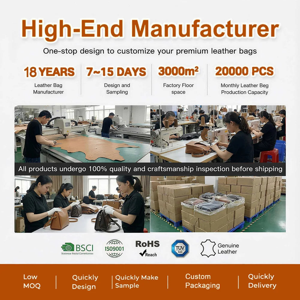 Luxury suede leather designer handbag manufacturing process for custom OEM shoulder tote bags in a professional factory.
