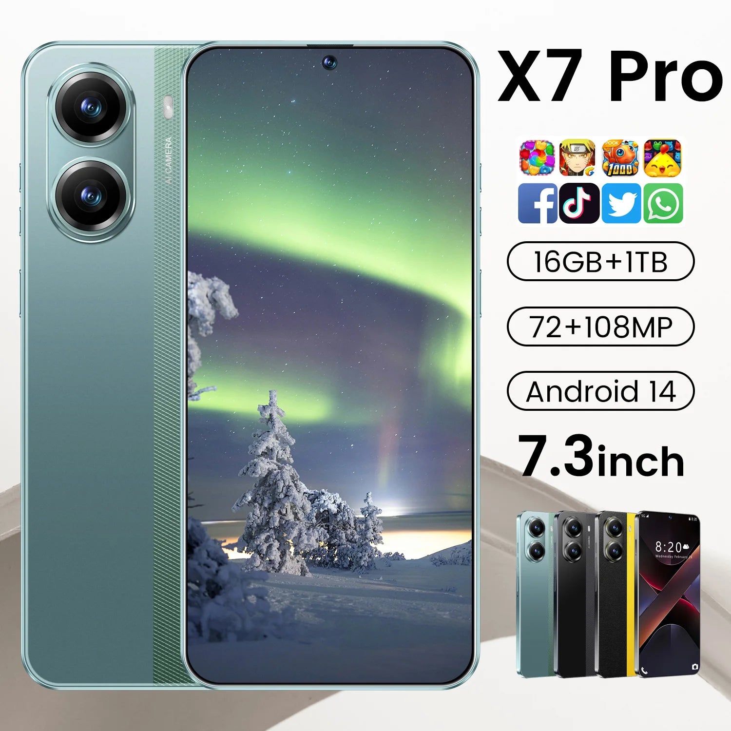 Real High Quality Mobile Phone X7 Pro 5G Smartphone Global 5G Android 14 7.3 Inch Big Screen 16+1TB X7 Pro Smart Phone Cellphone Tidesmit