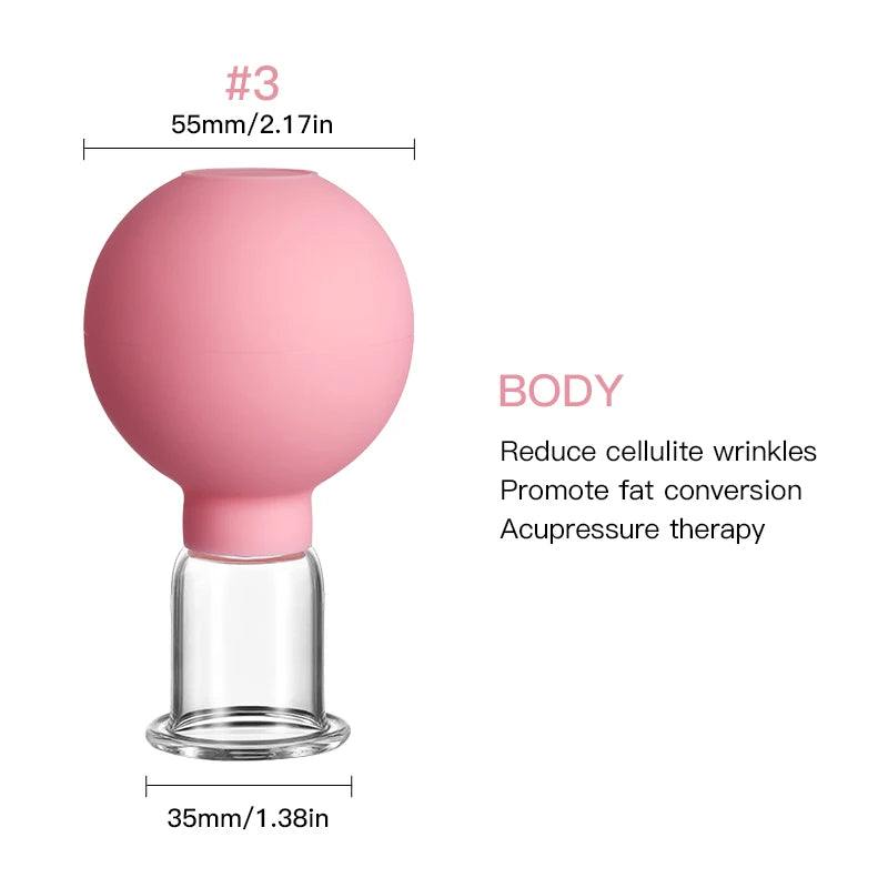 Pink silicone and glass vacuum cupping massage device for body therapy, labeled with #3, 55mm, and 35mm dimensions.