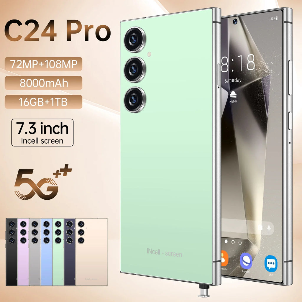 2025 Brand New S25 Ultra C24 I16 Pro Max 16GB+1TB 5G Smart Phone 7.3-Inch 48MP+108MP Android 5G Gaming Smartphone Green 16g Tidesmit