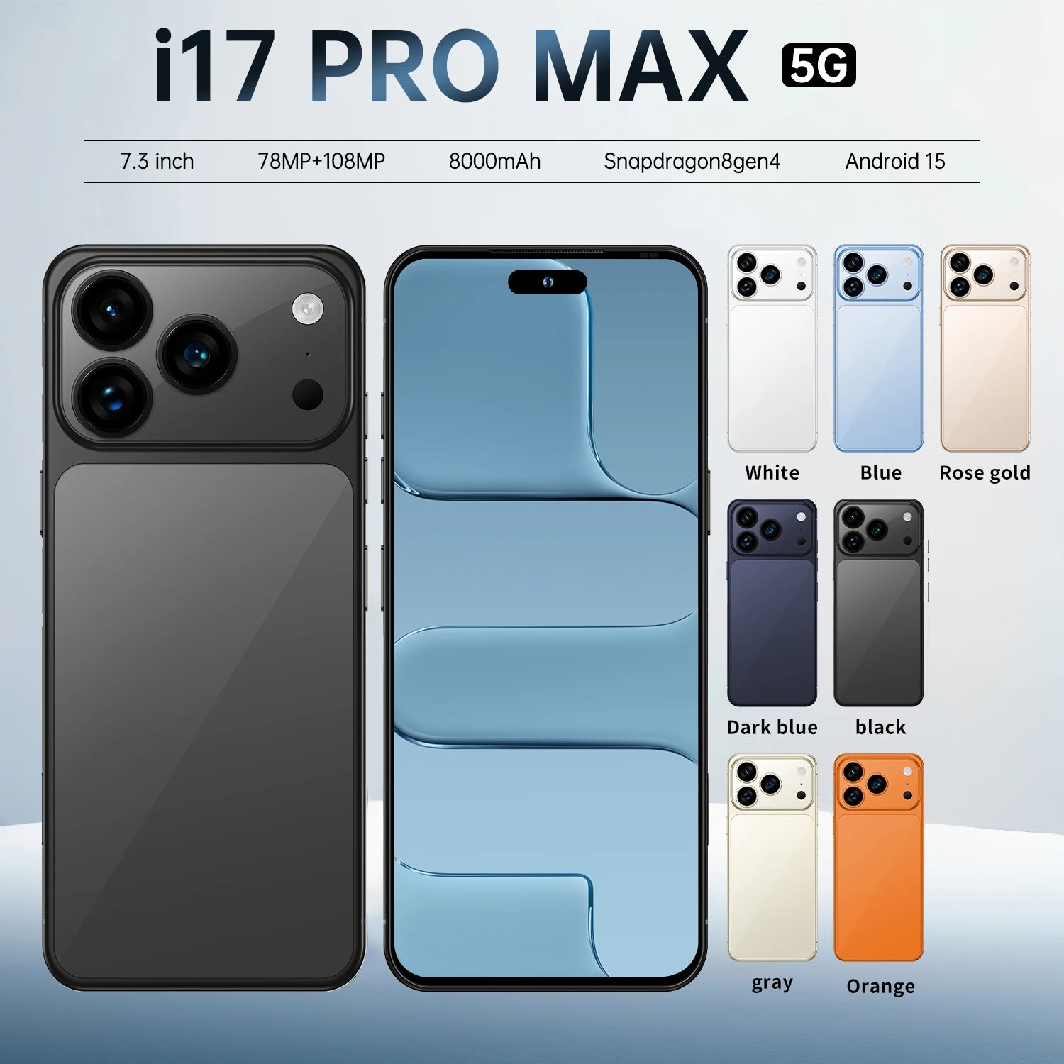 I 17 Pro Max 5G smartphone featuring 108MP camera, 16GB RAM, 1TB storage, and 8000mAh battery, rear profile view.