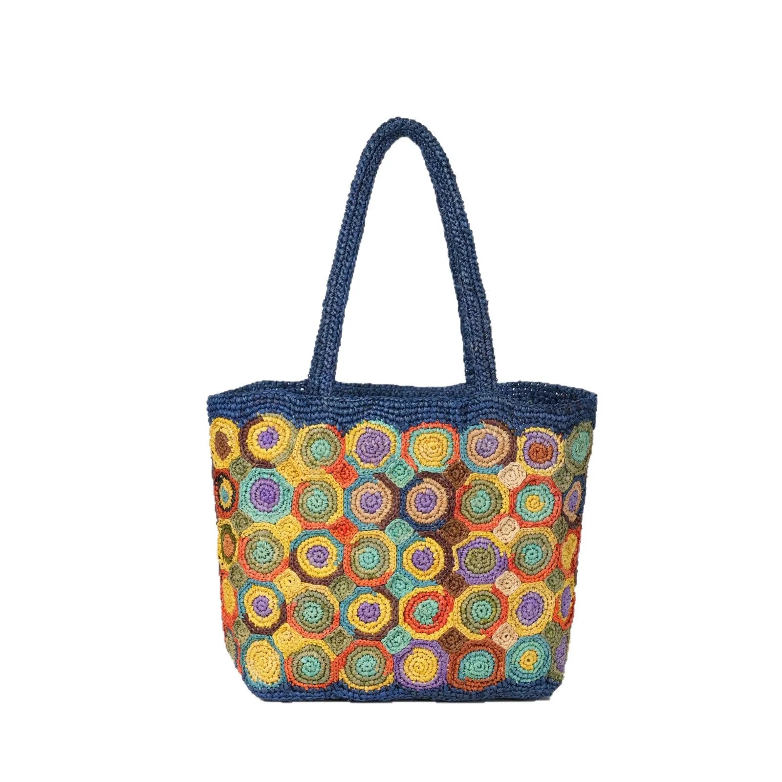 Blue crochet tote bag with colorful woven circular patterns, perfect for a durable summer beach handbag.