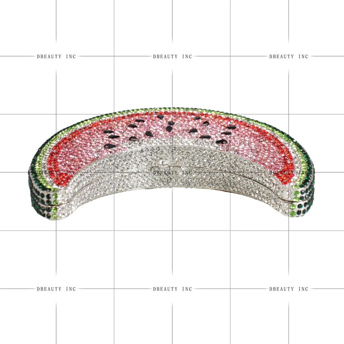 Watermelon slice designer evening clutch with pink, green, and clear crystal rhinestones for luxury wedding events.
