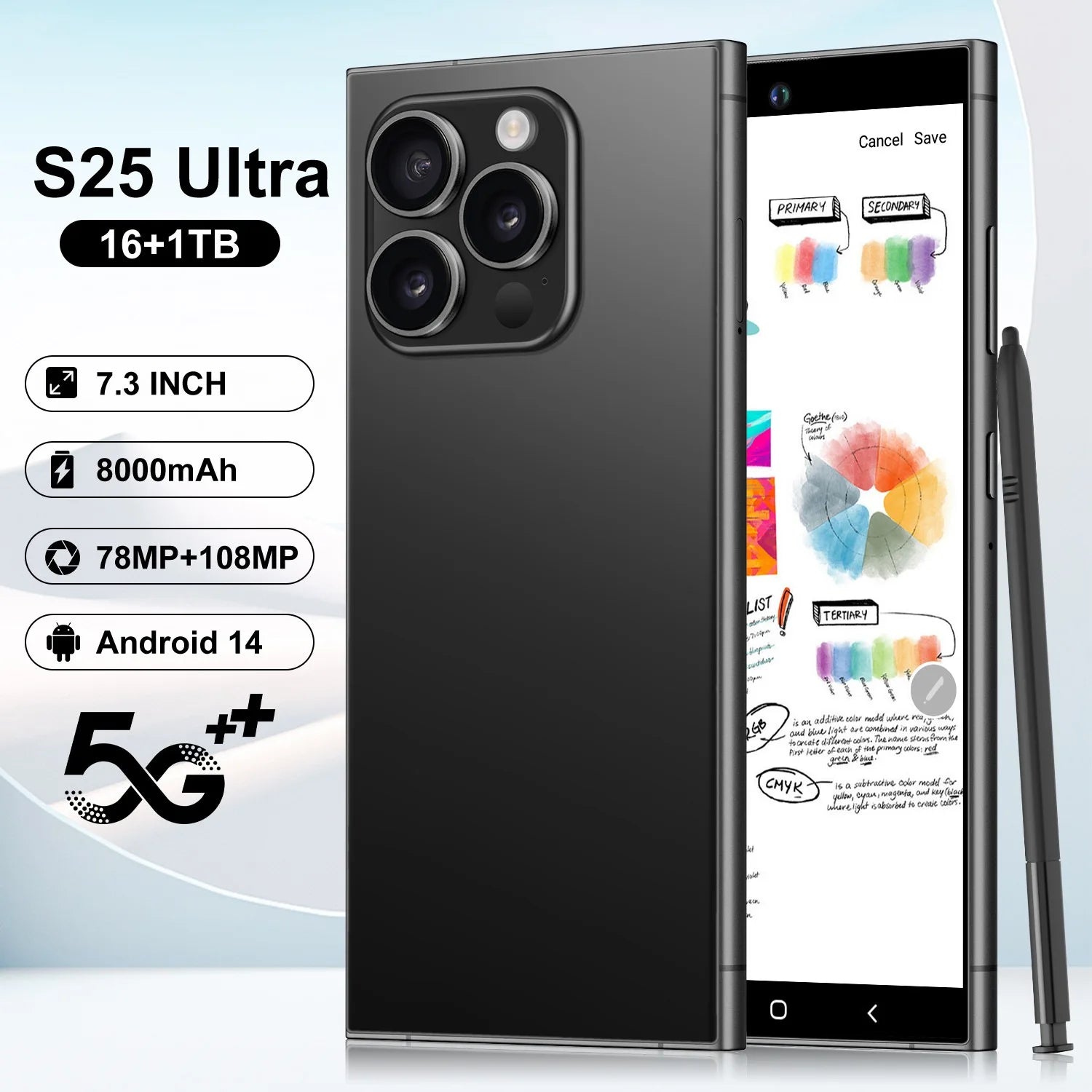 Close-up of Tidesmit S25Ultra mobile phone showing built-in pen slot, side buttons, and refined edge design.