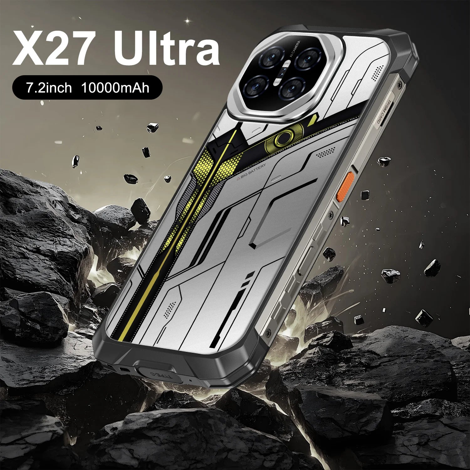 Tidesmit X27 Ultra 5G Android smartphone with 7.2 inch screen, 12GB RAM and 512GB storage.