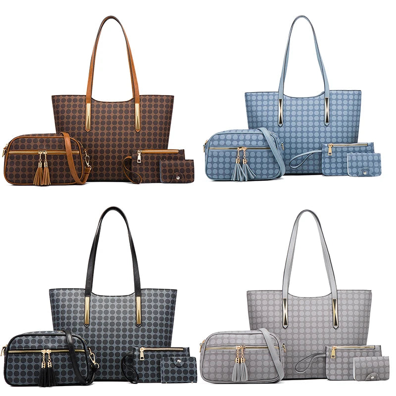 4-piece foldable polka dot handbag set including tote, crossbody, pouch, and card holder in various colors. Trunk style.