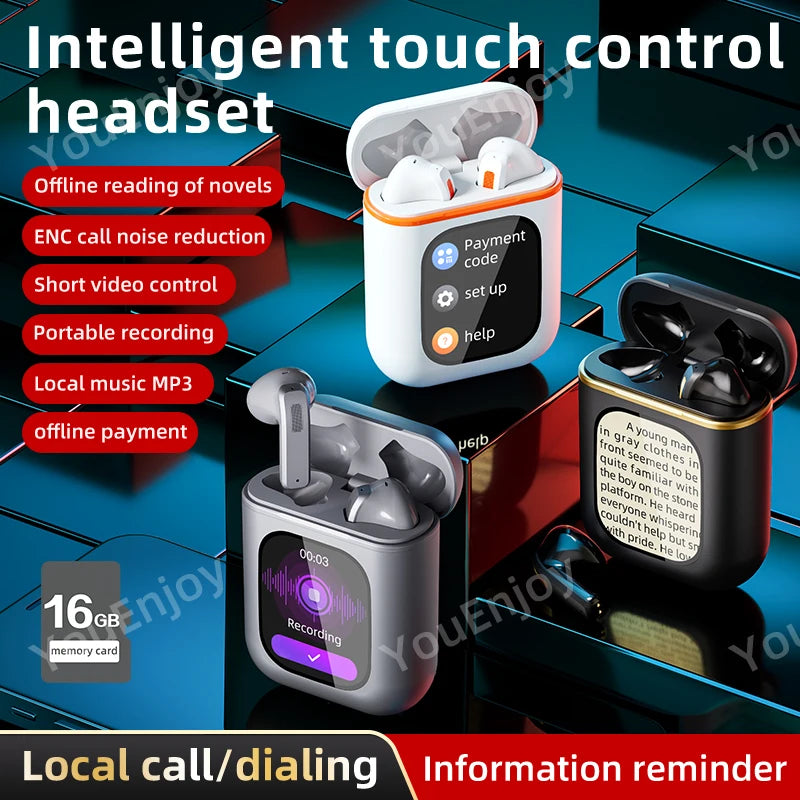 2025 New Design ENC LED Touch Screen True Wireless Earbuds Waterproof Bass Audio Headsets Digital Display Gaming Smart Watch Tidesmit