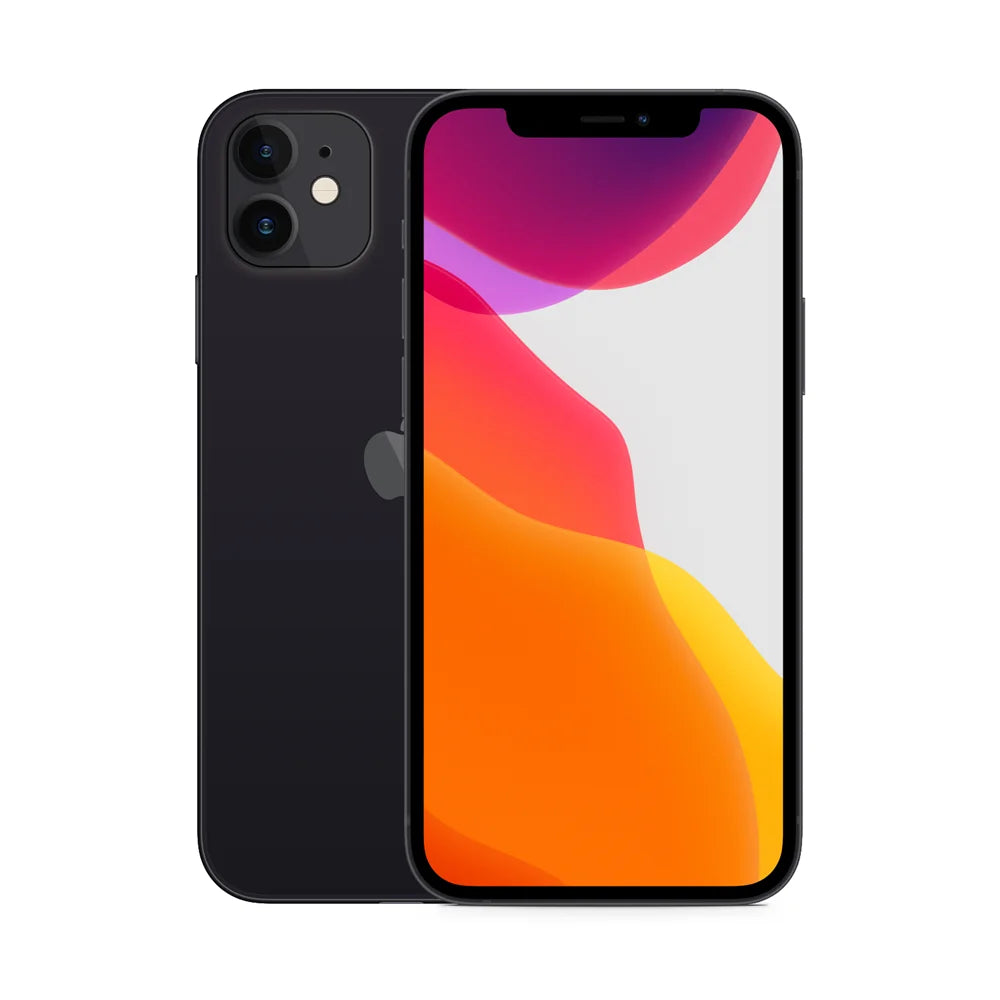 Black Apple iPhone 12 Mini, 5.4-inch OLED display, dual-camera system, front and back view, unlocked smartphone.