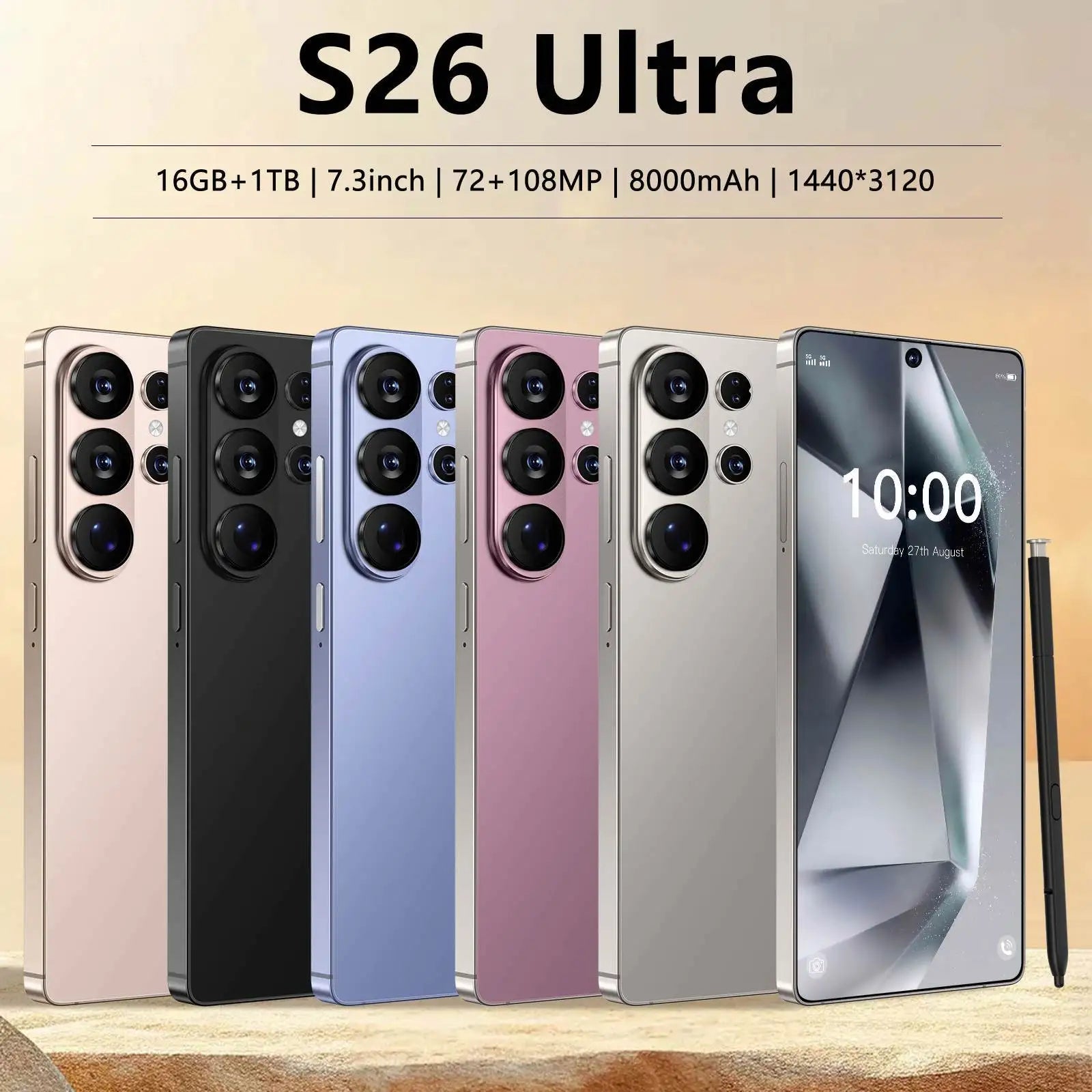 Tidesmit S26 Ultra smartphone featuring 7.3-inch HD display, 108MP camera, and face unlock in sleek finish