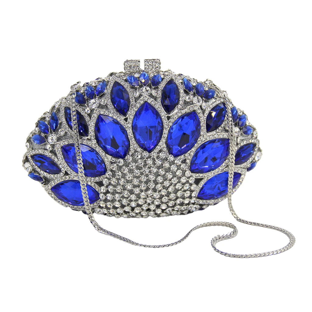 Royal blue crystal clutch purse with rhinestones and silver chain, formal designer handbag for evening cocktail events.