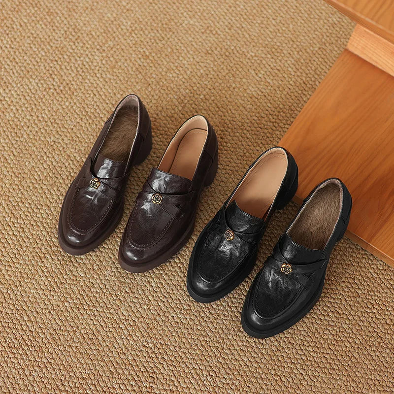 Women Top Grain Lambskin Round Toe Fleece Lined Loafers Spring 2026 Camellia Print High Heel Chunky Heel Pumps Luxury Designer