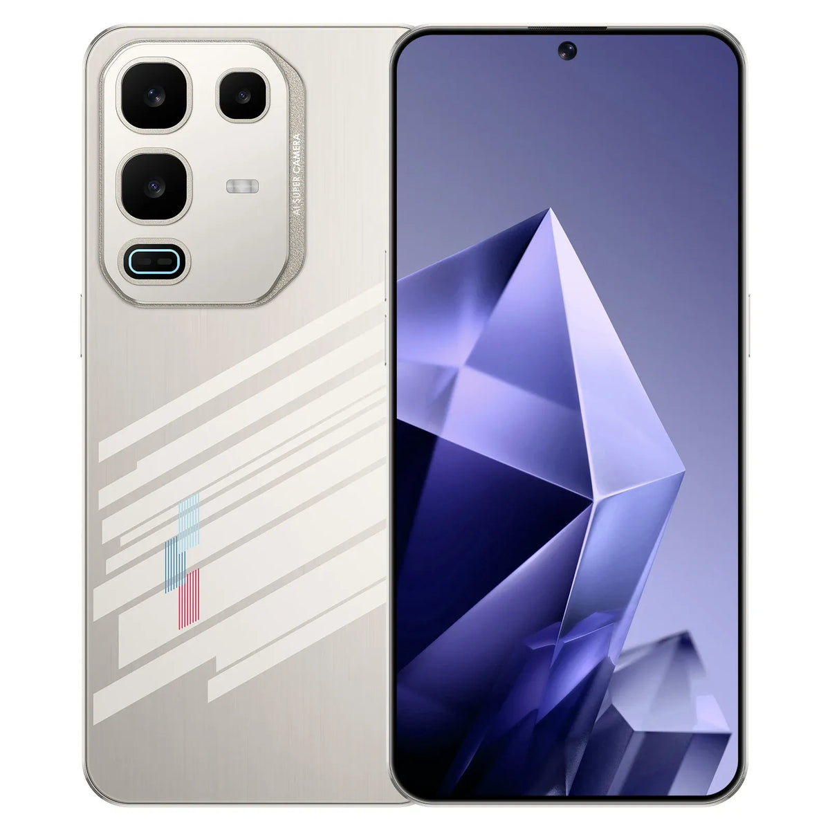 Silver smartphone with triple rear cameras and side fingerprint sensor, front and back view