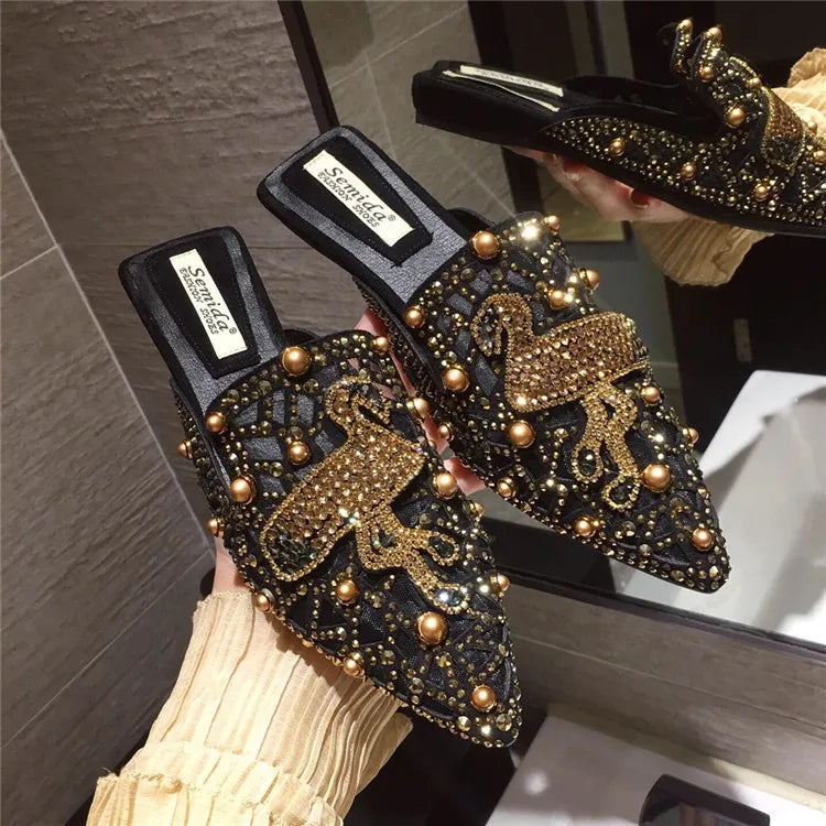 Luxury Rhinestone Outdoor Slippers Closed Toe Female Women Loafer Spring  Flat Shoes with Diamonds