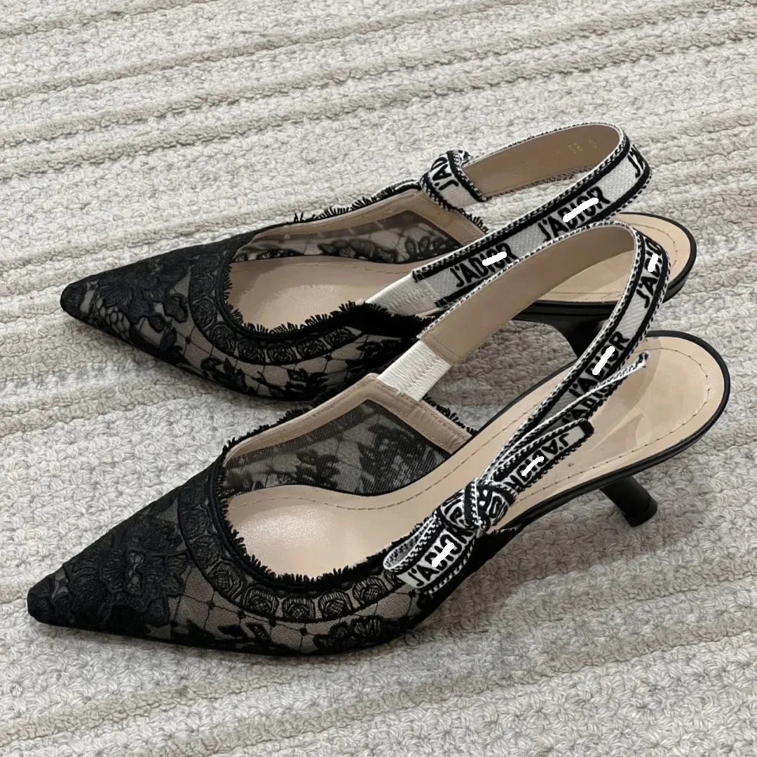 Women Shoes Sexy Stiletto Pointed Toe Transparent Mesh Embroidery Heels, Elastic Strap Evening Footwear for Club Party Occasions