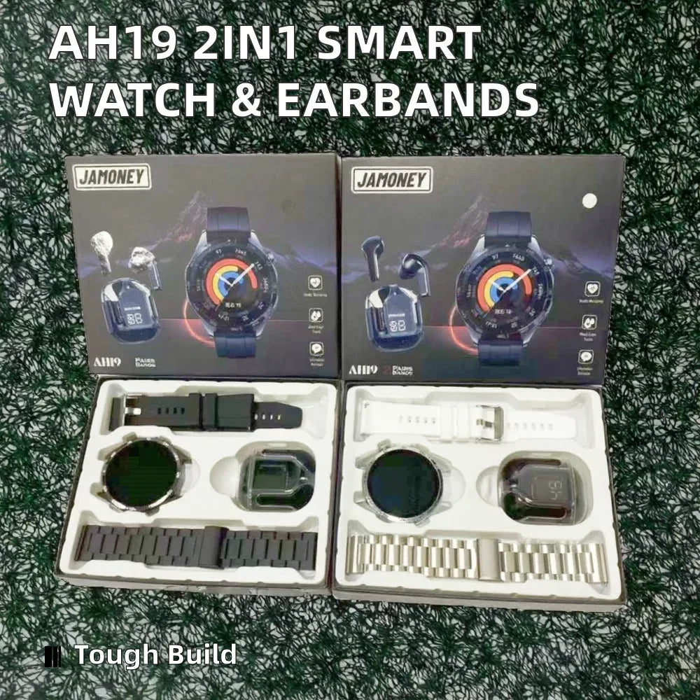 AH19 2in1 Fashion High Quality Smart Watch Fitness Tracker Heart Rate Monitor with Steel Earbands Compatible with IOS Android - Tidesmit