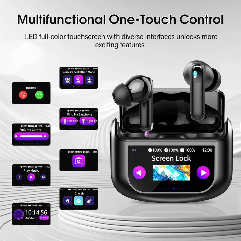 HE-076D True Wireless Earbuds Full-Color Touch Screen Earbuds ANC Noise Cancelling TWS Earphones 5 EQ Modes Hi-Fi Stereo Sound Tidesmit