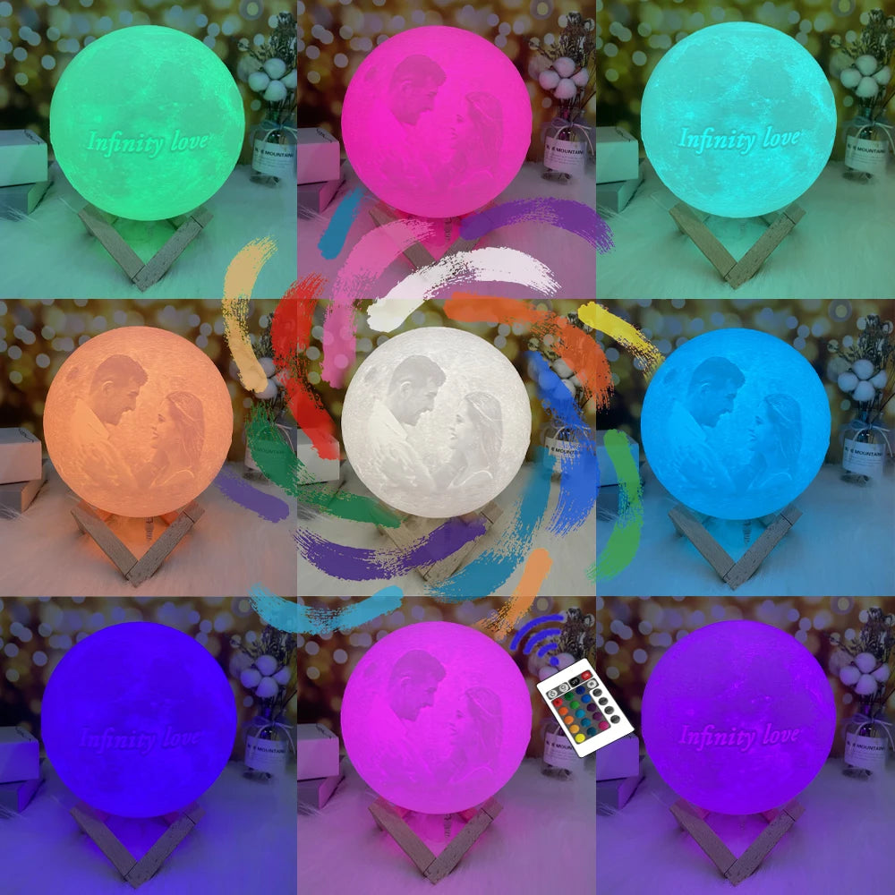 Customizable spherical moon lamp with photo or "Infinity love" text, on wooden stand, featuring remote-controlled