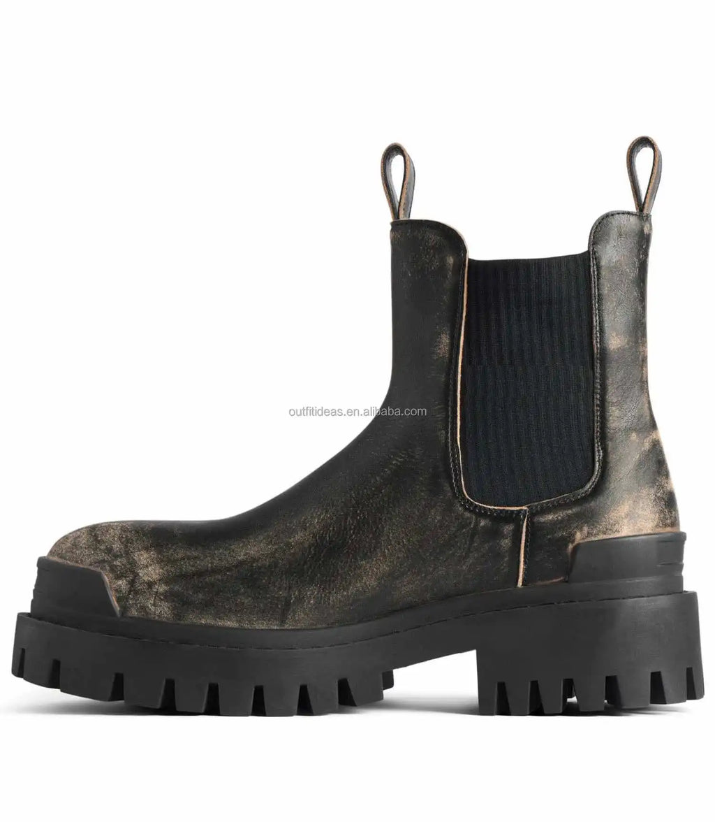 Extra Round Toe Worn-Out Effect Brown Distressed Bullskin Leather Dress Shoes Distressed Unisex Men Worn-out Strike Chelsea Boot