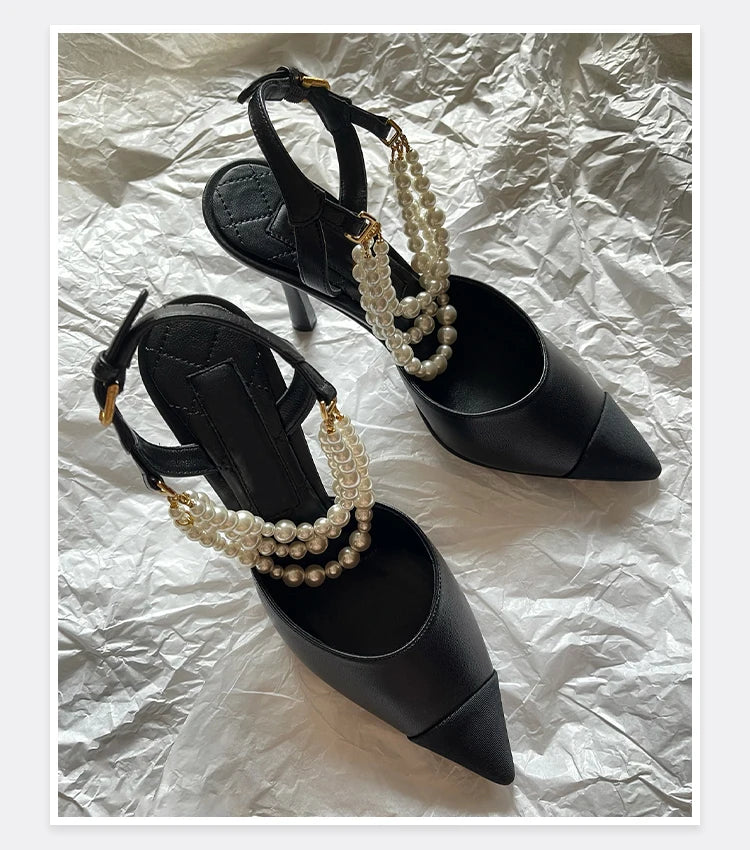 2026 Summer New Pointed High Heels Color Blocked Pearl Chain Toe Women's Sandals