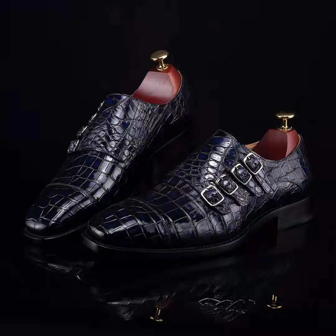 Crocodile Leather Blue Casual Men's Shoes Zapato Goodyear Welt Luxury Loafer Shoes for Men Alligator Monk Strap Office Shoes Men
