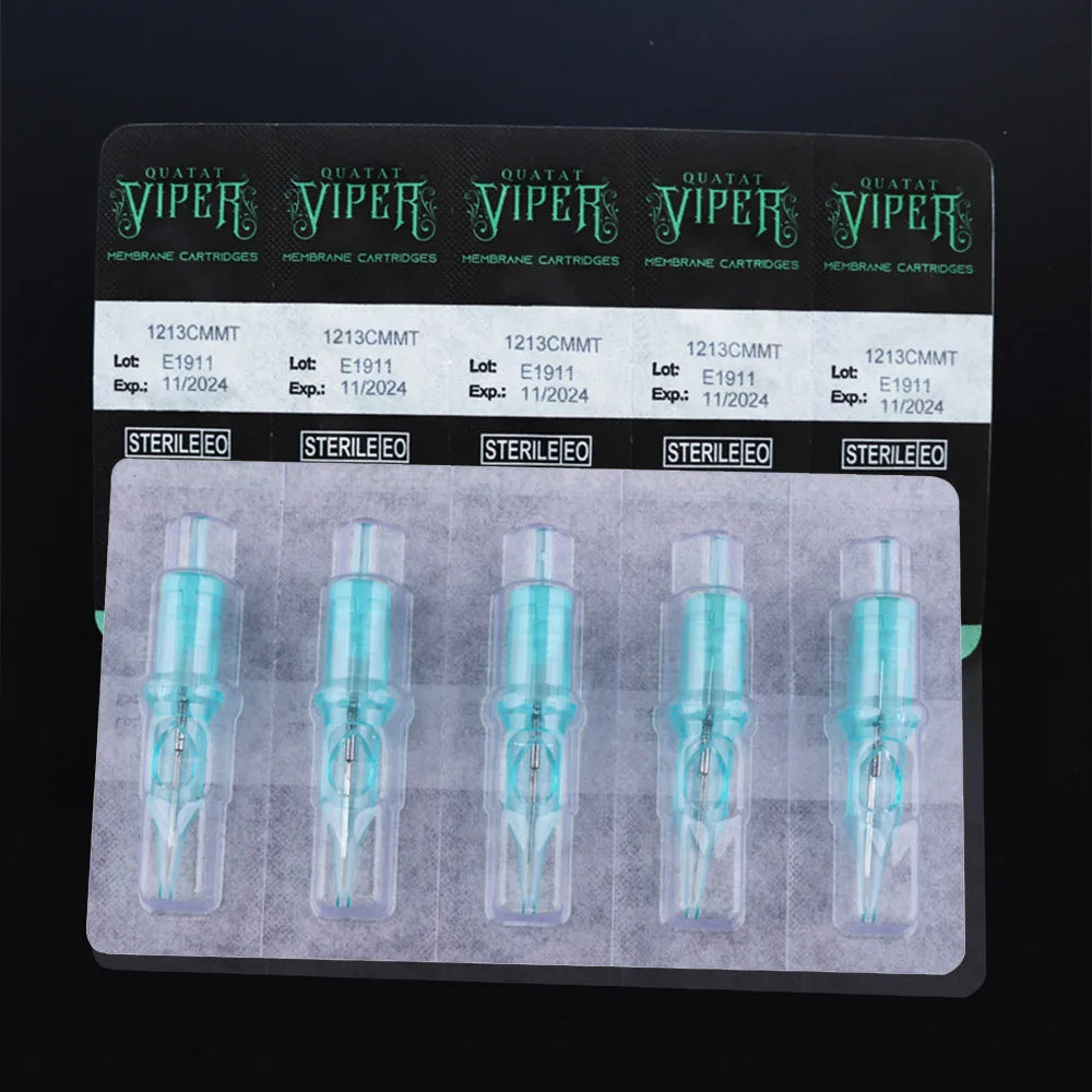 Five sterile turquoise tattoo needle membrane cartridges in individual clear plastic blister packaging.