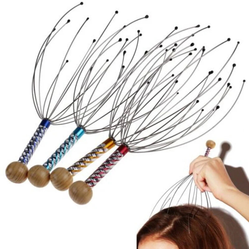 Handheld octopus scalp massager with wire claws and wooden handle for head relaxation, stress relief, and blood flow.