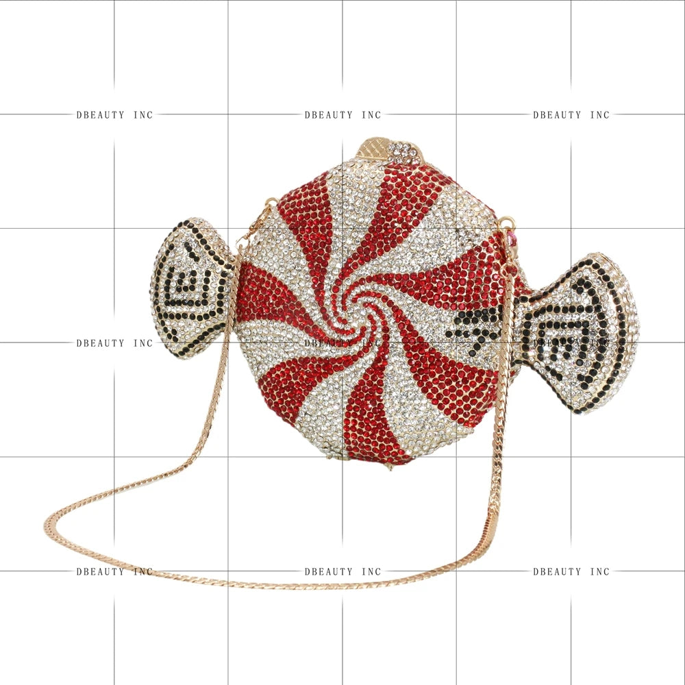 Red and white crystal-embellished candy-shaped evening clutch bag with gold chain strap for prom or cocktail parties.