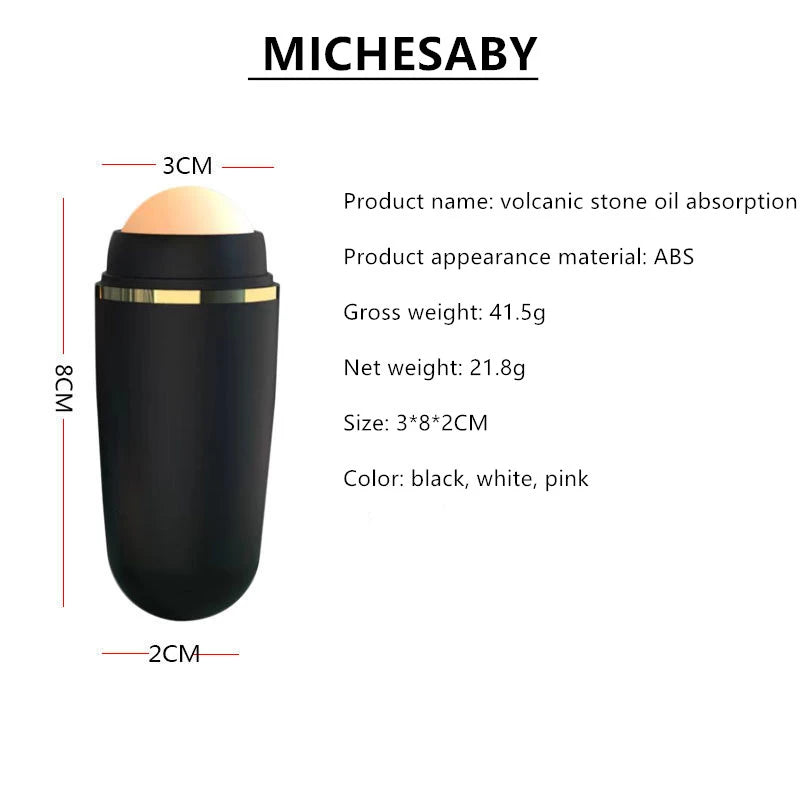 Black ABS plastic facial oil-absorbing roller with a 3cm wide volcanic stone ball, 8cm tall.