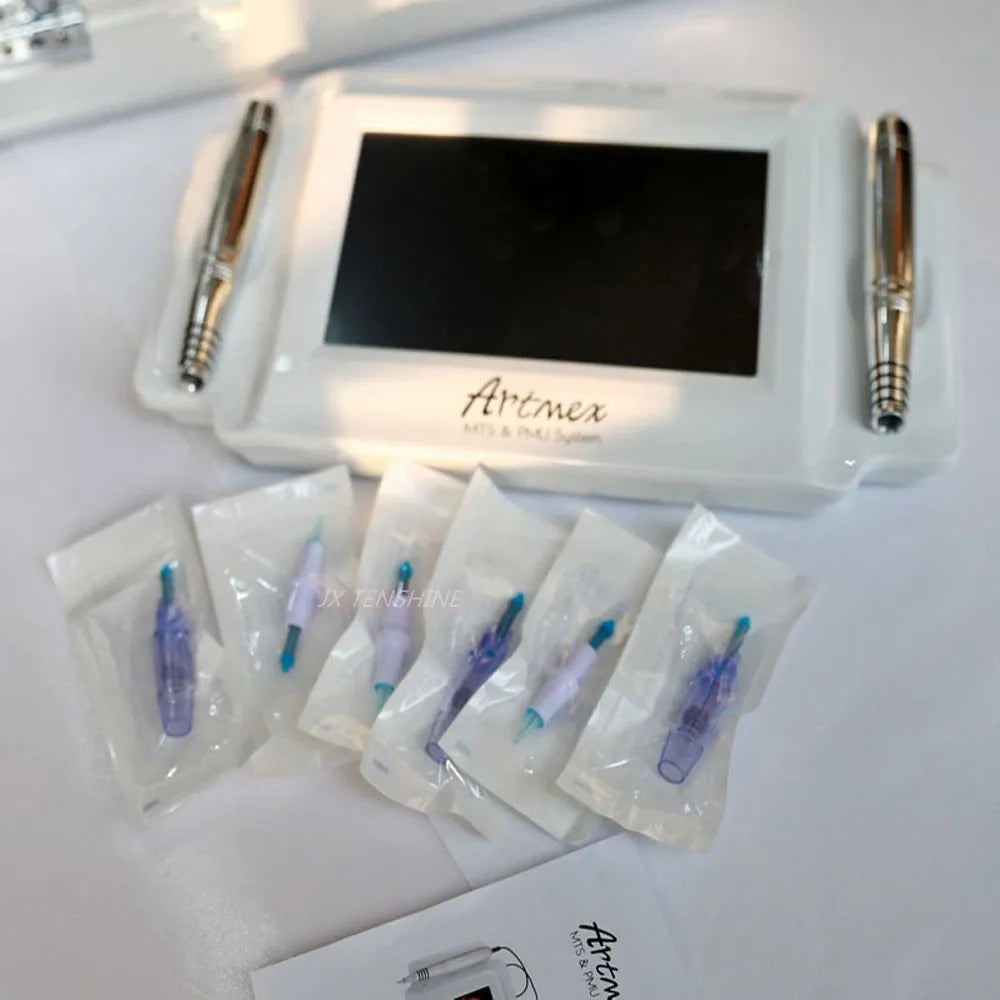 White MTS and PMU system console with two silver handpieces and six individually wrapped disposable needle cartridges.