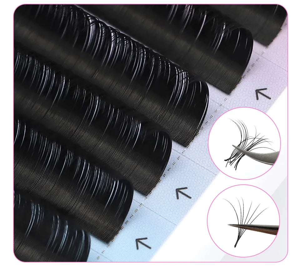 Black Russian volume eyelash extension strips on a grid tray, with close-ups showing silk fans held by tweezers.
