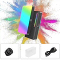 Portable rectangular RGB LED video light with a black frame, including a tripod mount, diffuser, and charging cable.